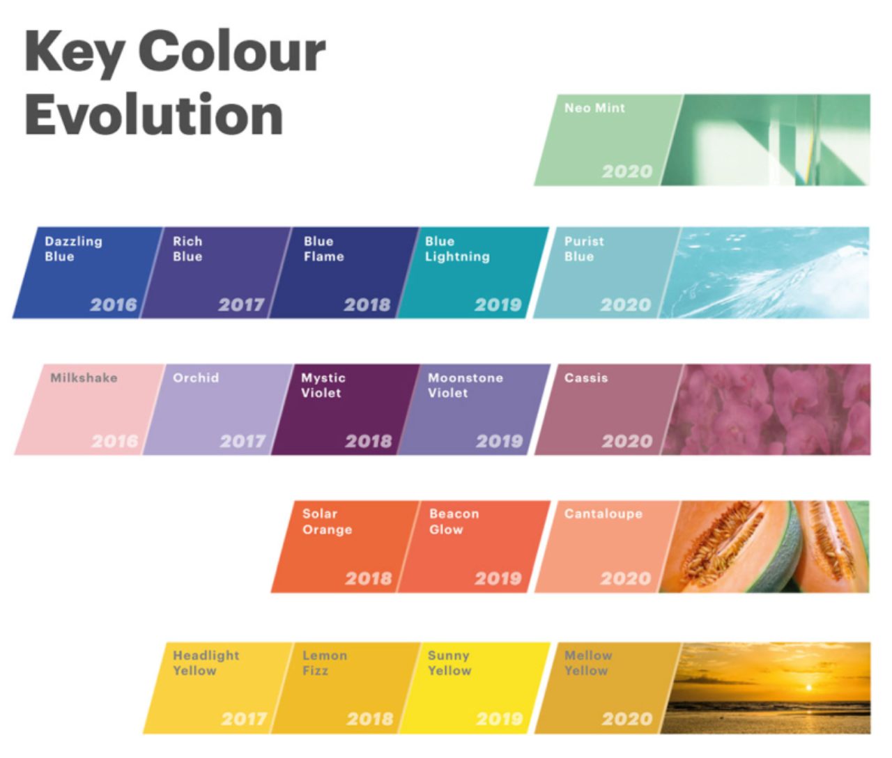 Evolução das tendências de cores ao longo dos anos de acordo com a WGSN. Foto: Reprodução/WGSN