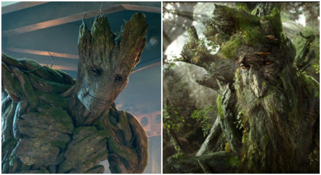 Groot (esquerda), personagem de Guardiões da Galáxia, e Barbárvore, o ser ent mais famoso da trilogia O Senhor dos Aneis, foram inspirações para Homem-árvore. Foto: divulgação