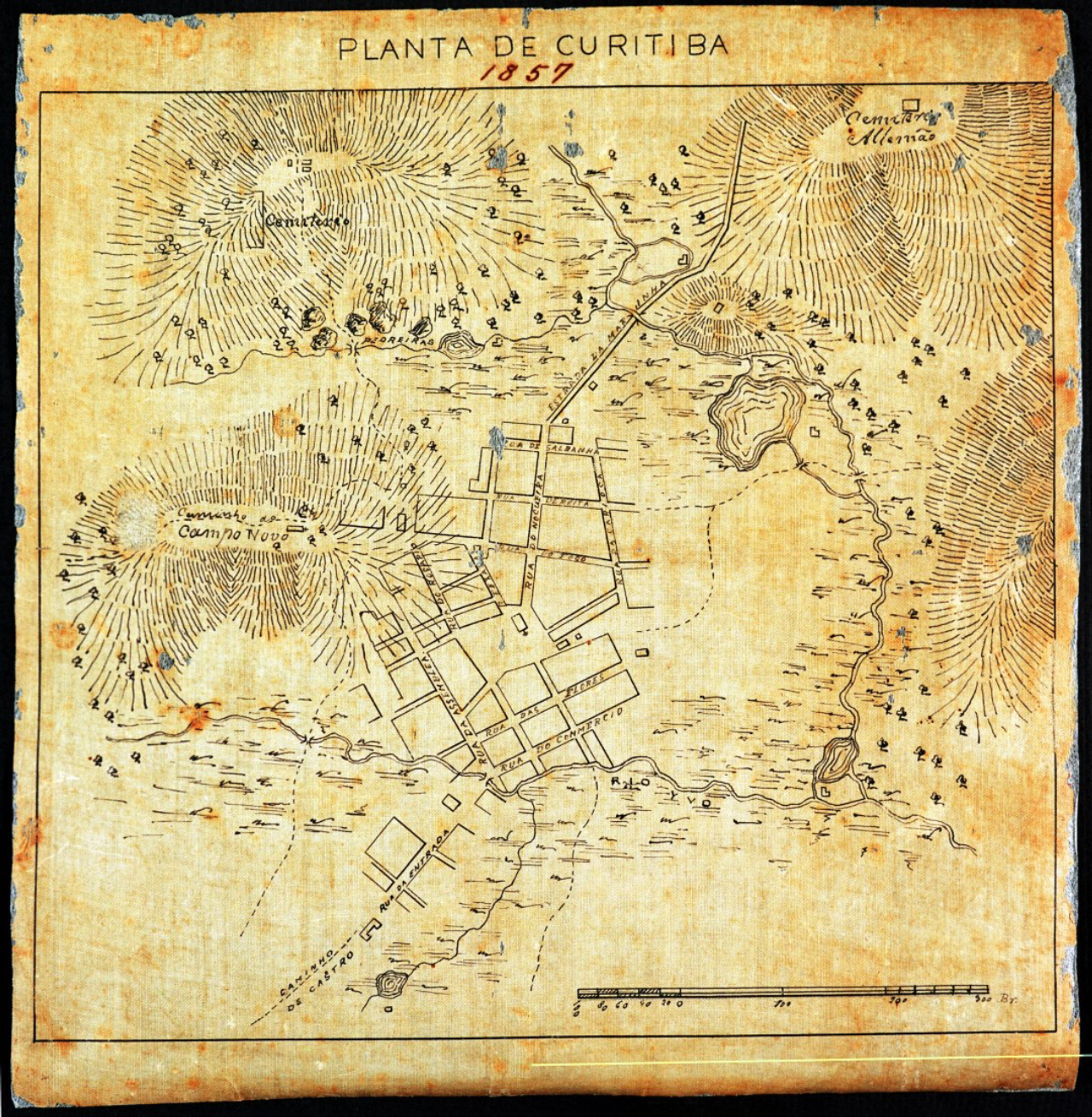 Mapas do século XVII estão entre as relíquias abrigadas na Casa da Memória. Na foto, mapa de Curitiba de 1862. Foto: Reprodução/ Acervo Casa da Memória