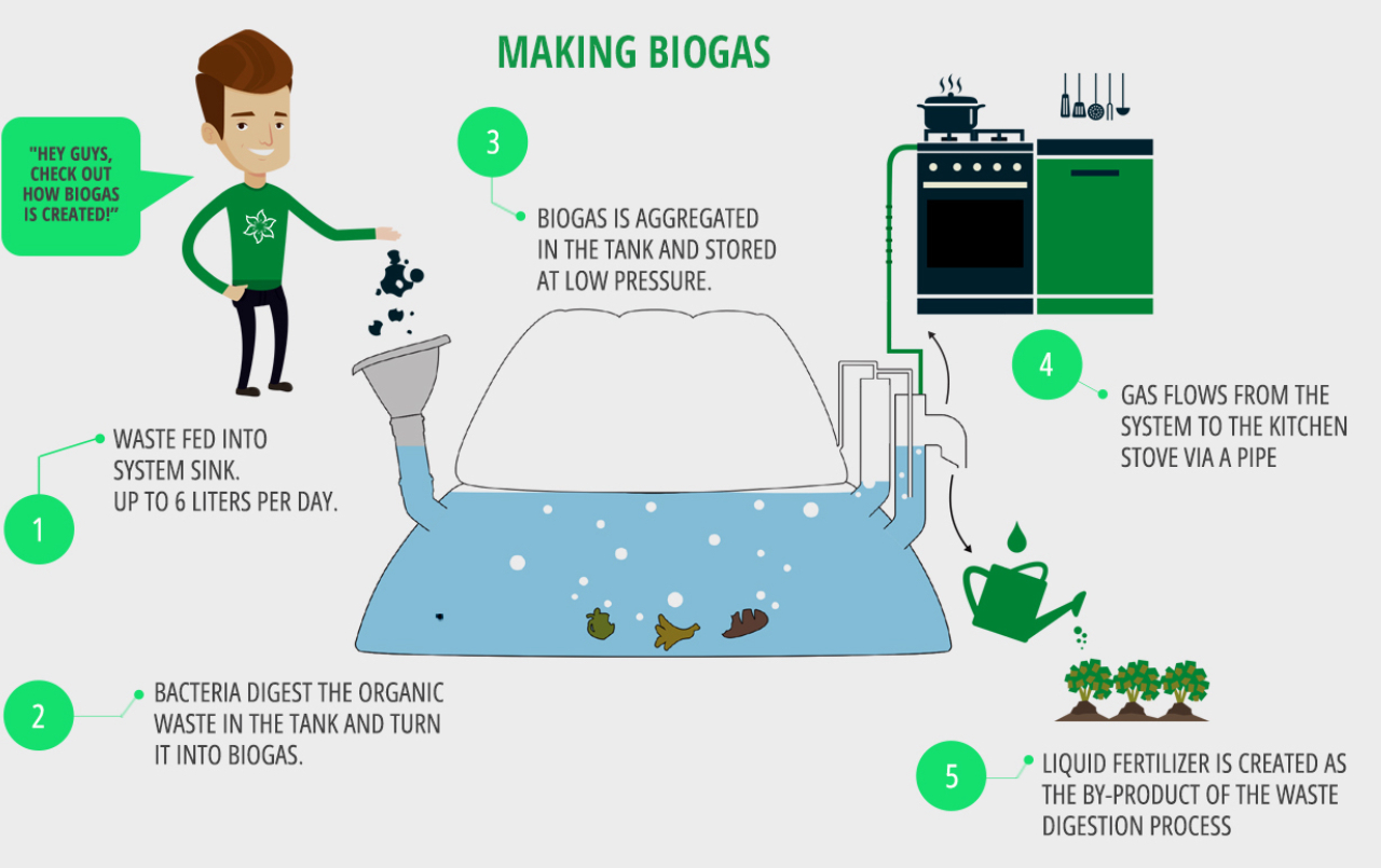 Funcionamento do HomeBiogas segundo o site oficial do produto: o primeiro passo é alimentar o sistema com os resíduos. Depois, as bactérias fazem a digestão do material, até a transformação em biogás. Por último, o gás pode ser usado na cozinha. Foto: divulgação/HomeBiogas. 