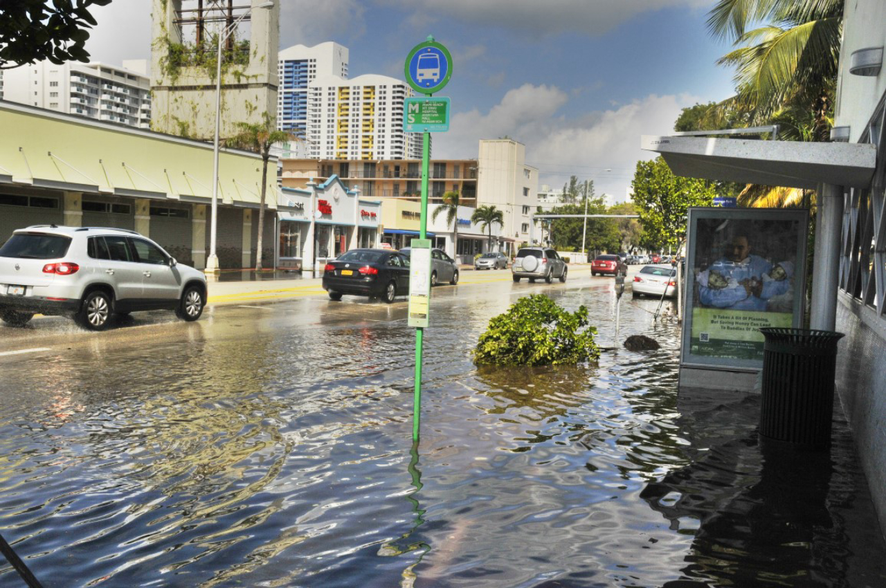 MIAMI SOUTH BEACH - FLORIDA OCTOBER 28: Miami South beach street flood aftermath of Hurricane Sandy on october 28 2012 in Miami South Beach