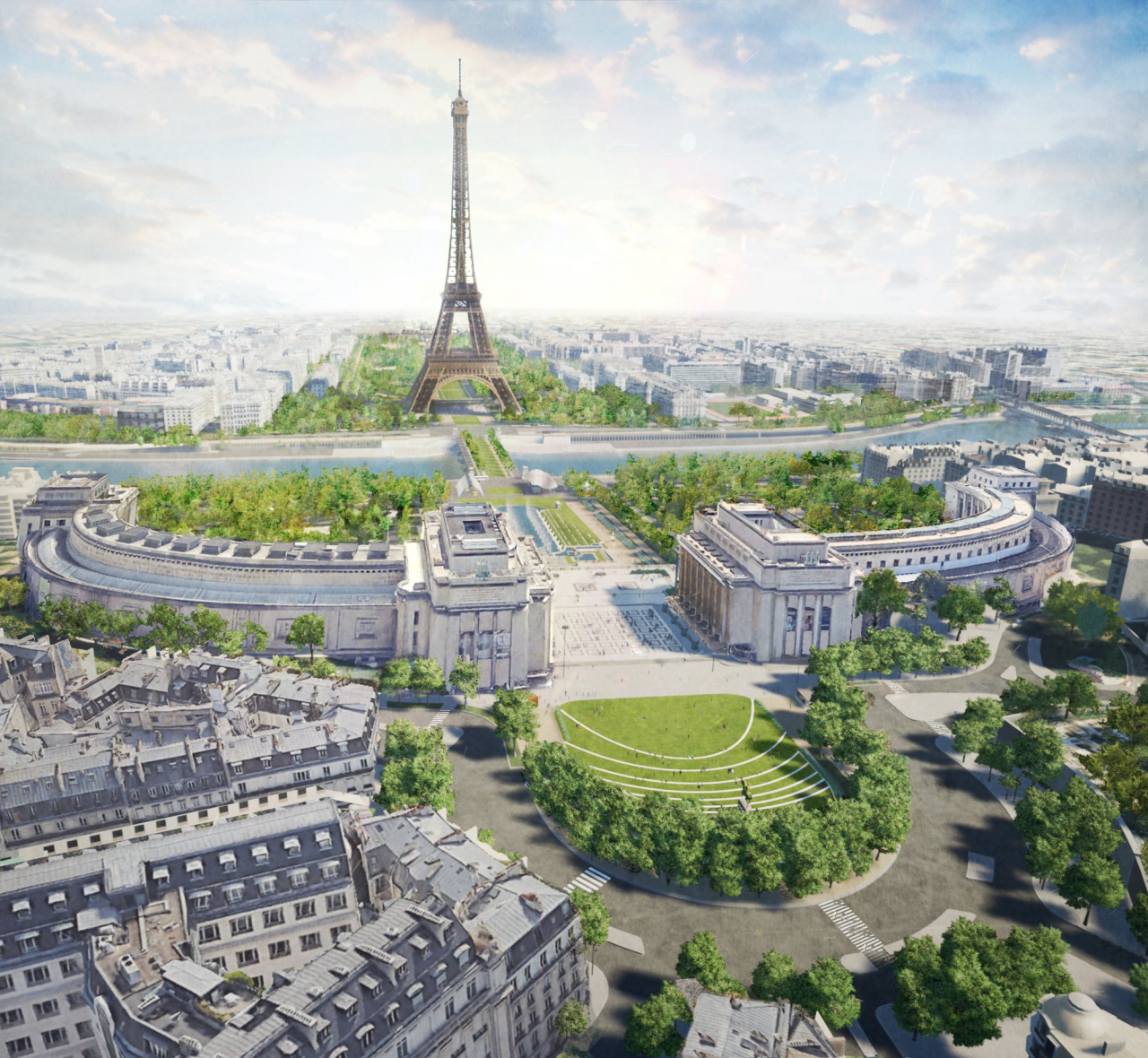 Projeção da nova vista da região que concentra a Torre Eiffel e outros pontos turísticos satélites. Foto: divulgação/GP+B