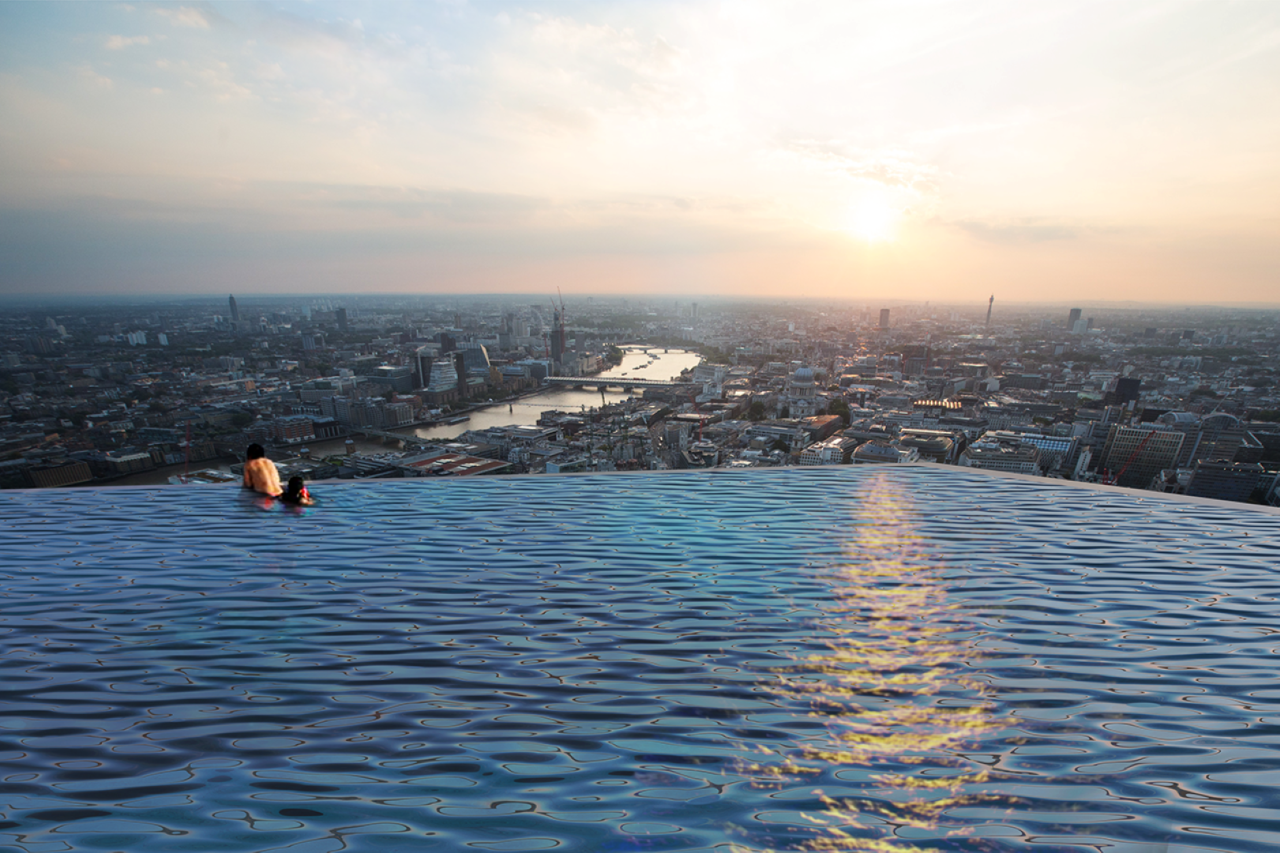 Piscina será construída no 55° andar de um edifício em Londres e terá vista privilegiada da cidade. Foto: Compass Pools / Divulgação