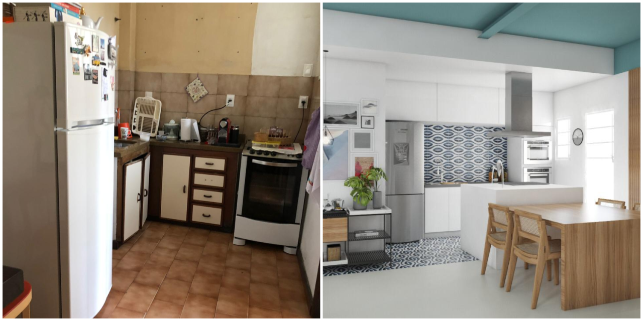 Fotos antes versus projeção de como ficará o espaço da cozinha. Fotos: Felipe Guerra