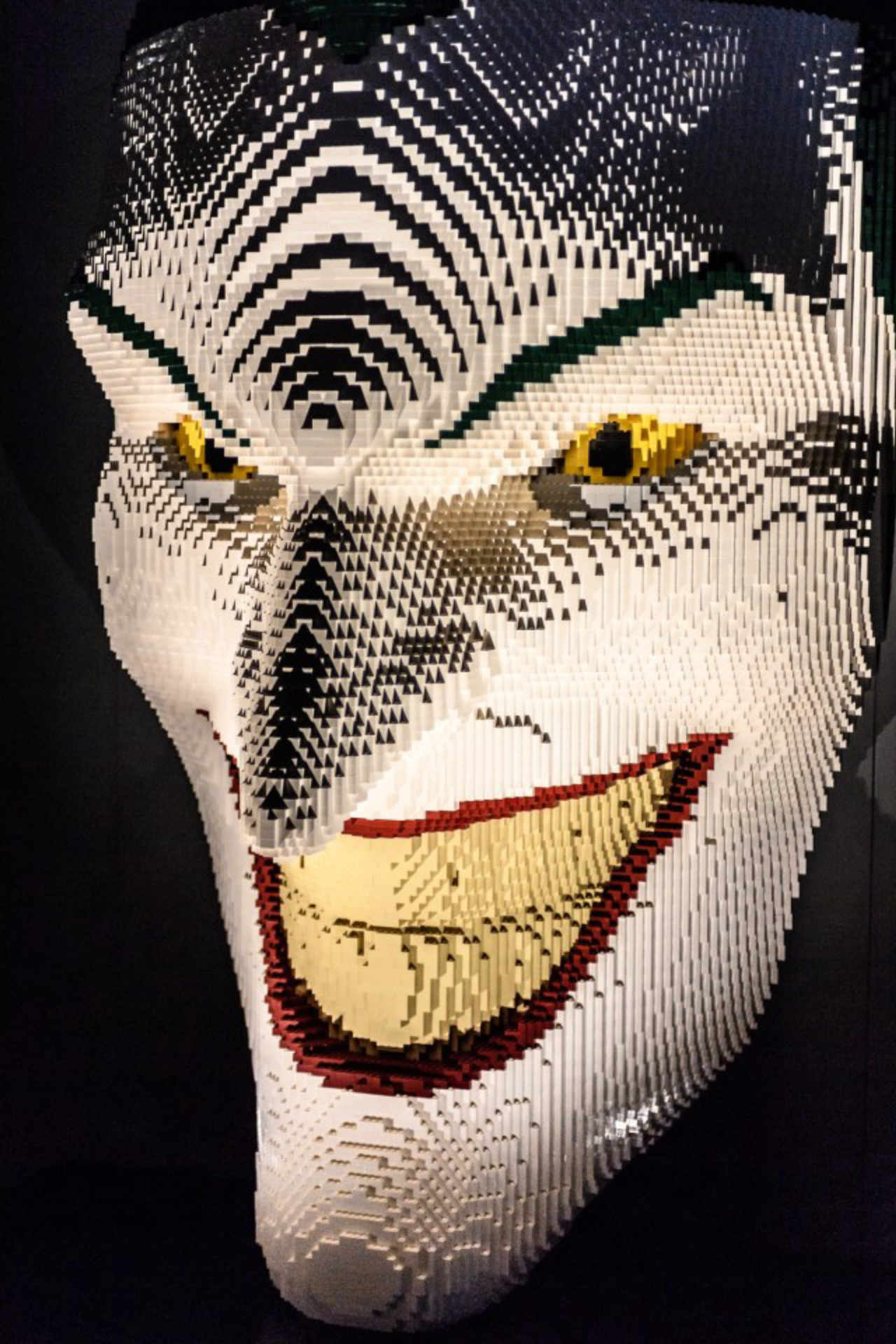 THE ART OF THE BRICK: DC SUPER HEROES - Artist Nathan Sawaya returns to London with the world's largest LEGO exhibition, inspired by Batman, Superman, and Wonder Woman. The exhibition opens, in a purpose-built marquee in Doon Street car park, Upper Ground, on the South Bank. Picture shows: The Joker Facemask.