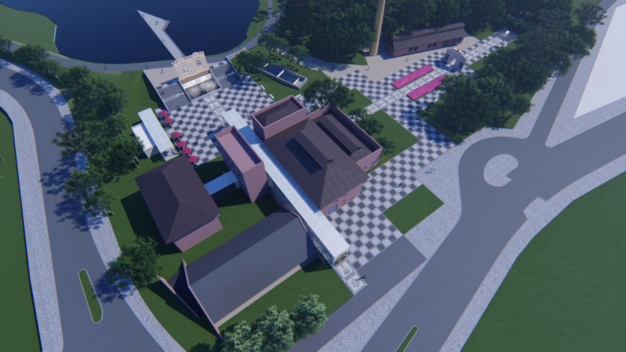Projeção aérea mostra galeria e Centro de Criatividade, na entrada do parque. Imagem: divulgação/SMMA