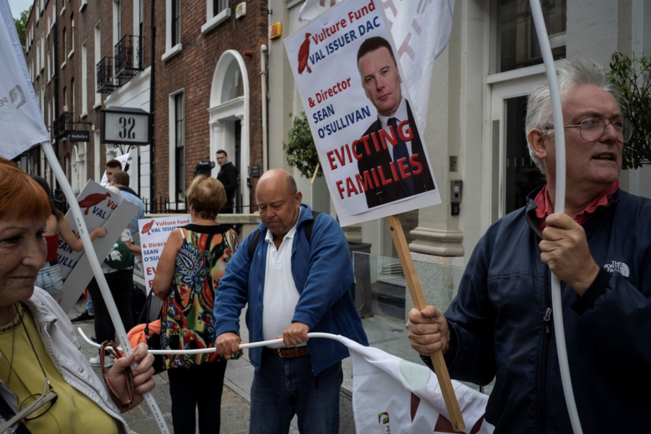 Tenants’ rights campaigners and activists protest against forced evictions in Dublin, Aug. 7, 2019. A housing shortage has made Dublin one of the world’s most expensive cities to rent in. Homelessness is up sharply, while homeownership has fallen. (Paulo Nunes dos Santos/The New York Times)