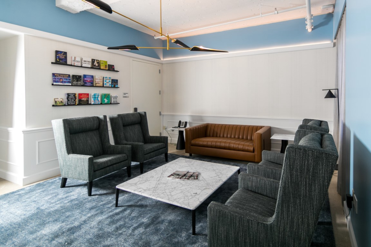This secret green room hides behind a pivoting wall of bookshelves at Macmillan Publishers in New York, Aug. 9, 2019. Secret rooms are popping up in workplaces. (Jeenah Moon/The New York Times)