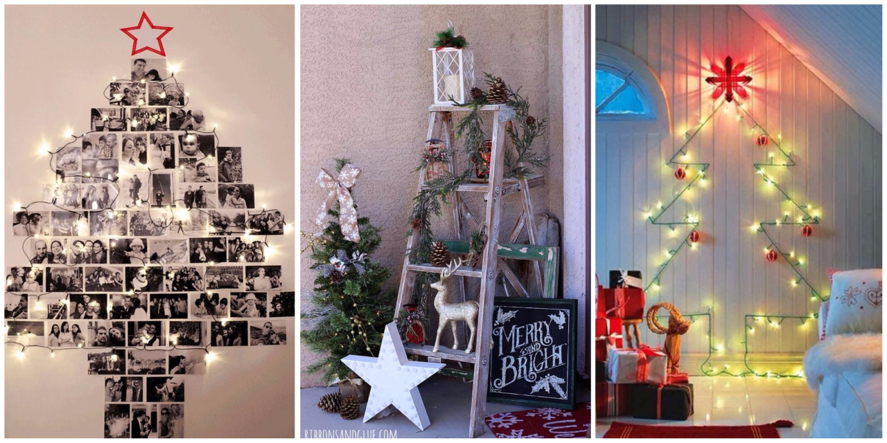 Se você também procura alternativas para a árvore na sua decoração de Natal, outras opções são montar uma árvore com fotos ou mesmo com luzes pisca-pisca. O site Ribbons and Glue ainda monta uma árvore "desconstruída" em uma escada. Fotos: Reprodução/Pinterest/Ribbons and Glue