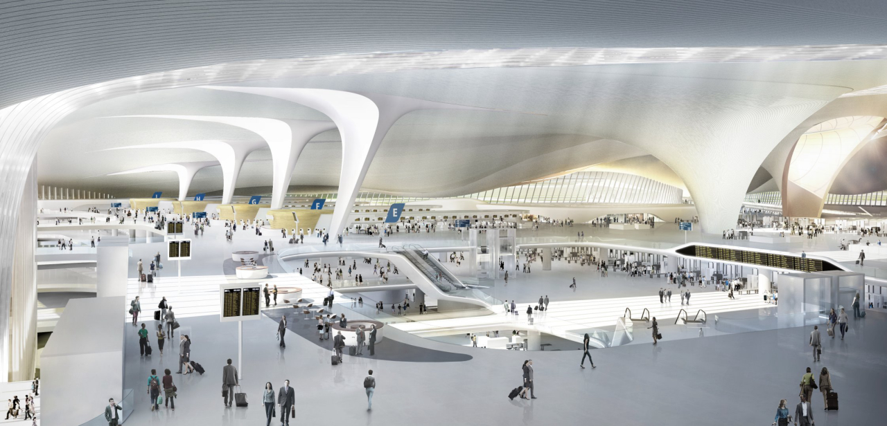 Por dentro, a arquitetura fluida do aeroporto permite a entrada de luz natural. Imagem: Zaha Hadis Architects/Divulgação