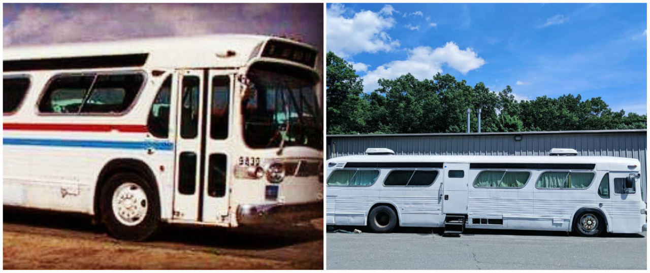 O antes e depois da parte externa do ônibus. 