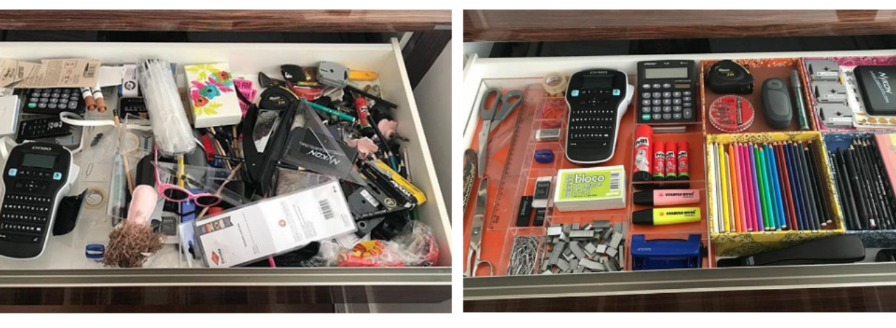 Antes e depois: caixinhas e separadores de acrílico ajudam a dar "casa" para cada objeto. Foto: reprodução/ Instagram Governess