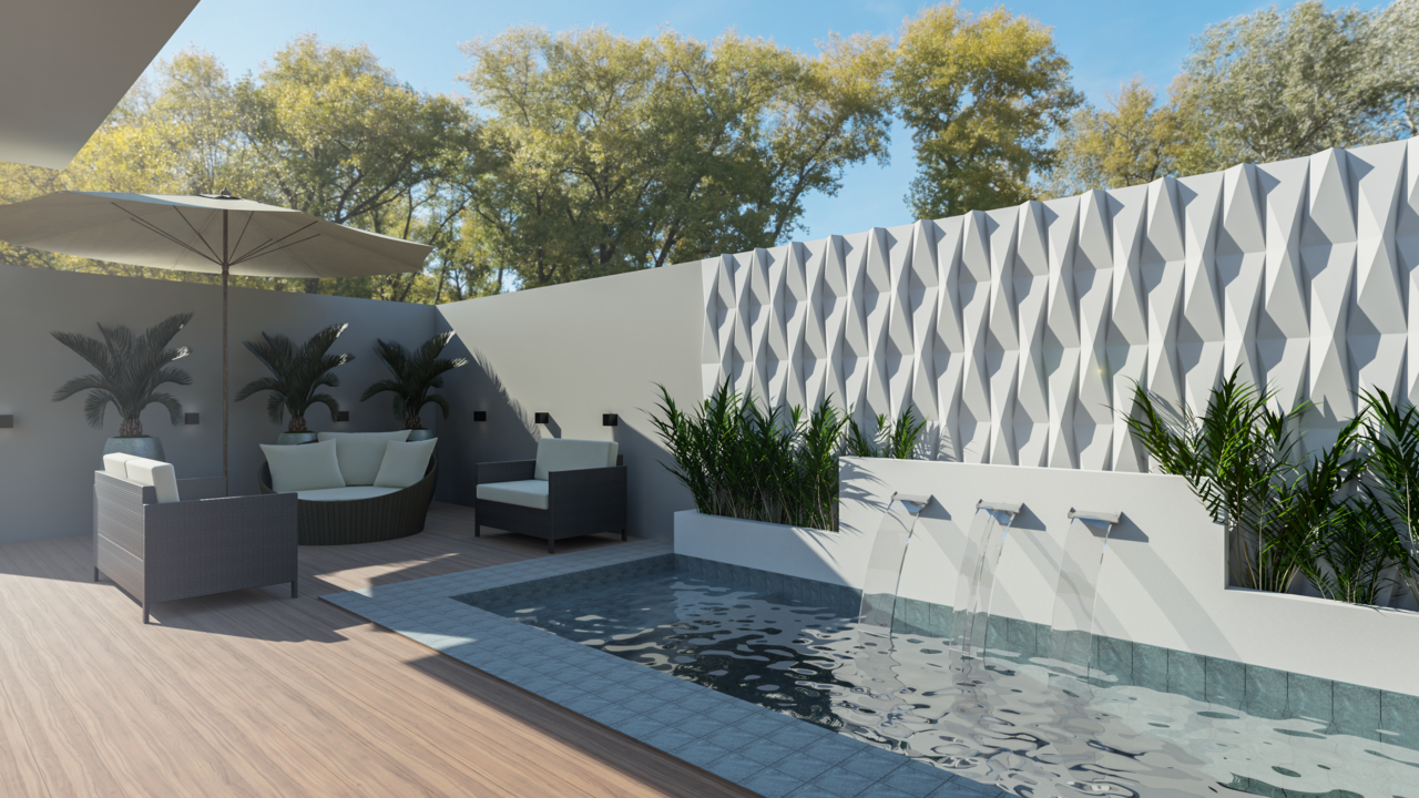 Residência de 250 m² projetada por Monica Pajewski prevê piscina.