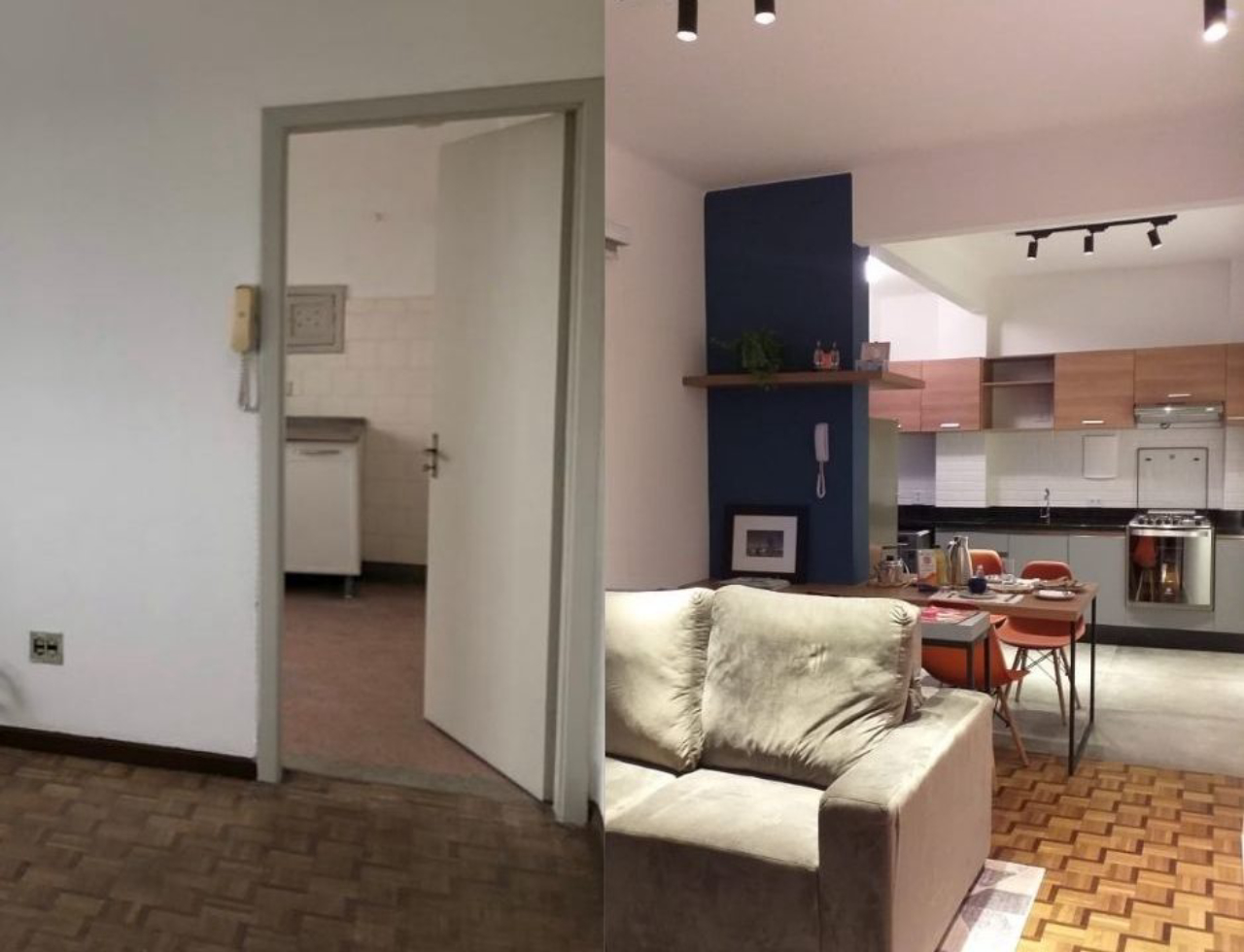 Antes e depois de reforma de apartamento de 53 m².