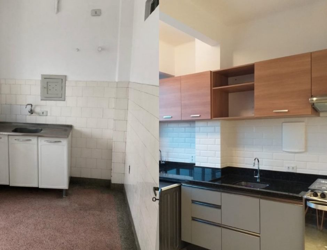 Antes e depois da área da cozinha, que foi integrada aos outros espaços sociais.