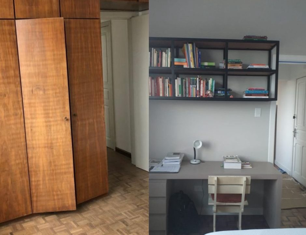 Antes e depois da área do home office no quarto.