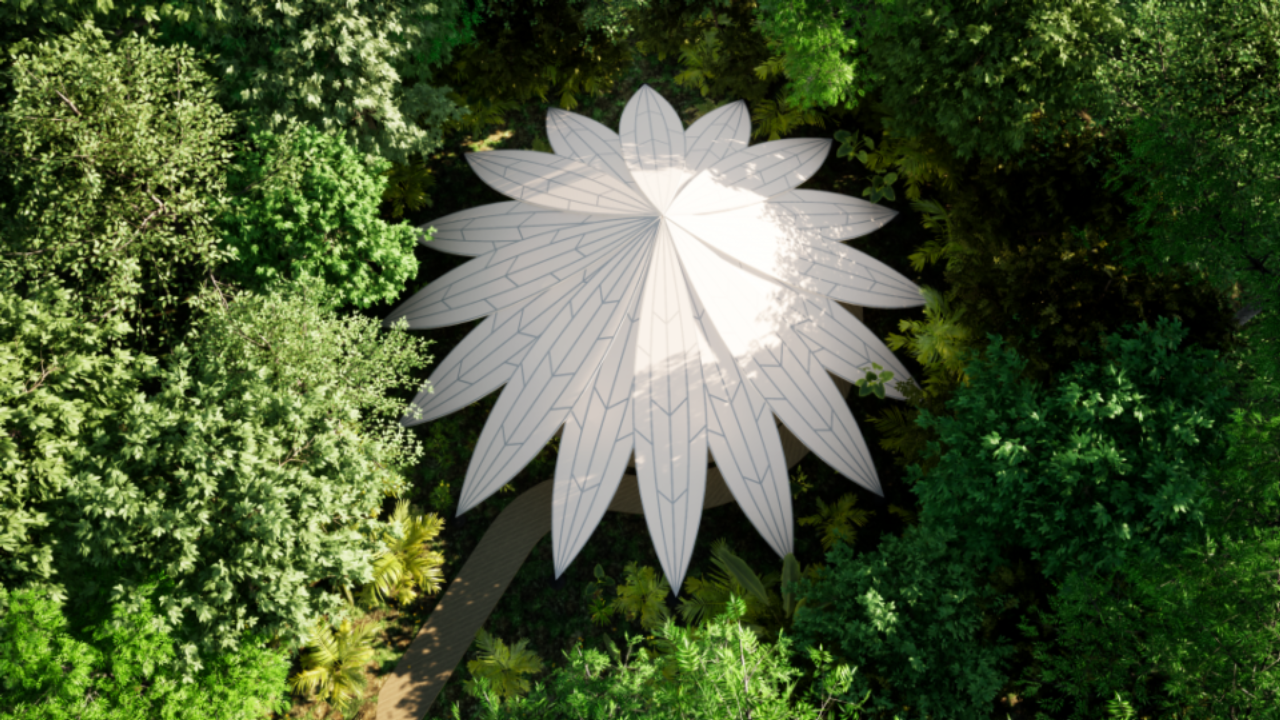 Afastada na mata, a Casa de Cura tem forma inspirada na flor vitória-régia. 