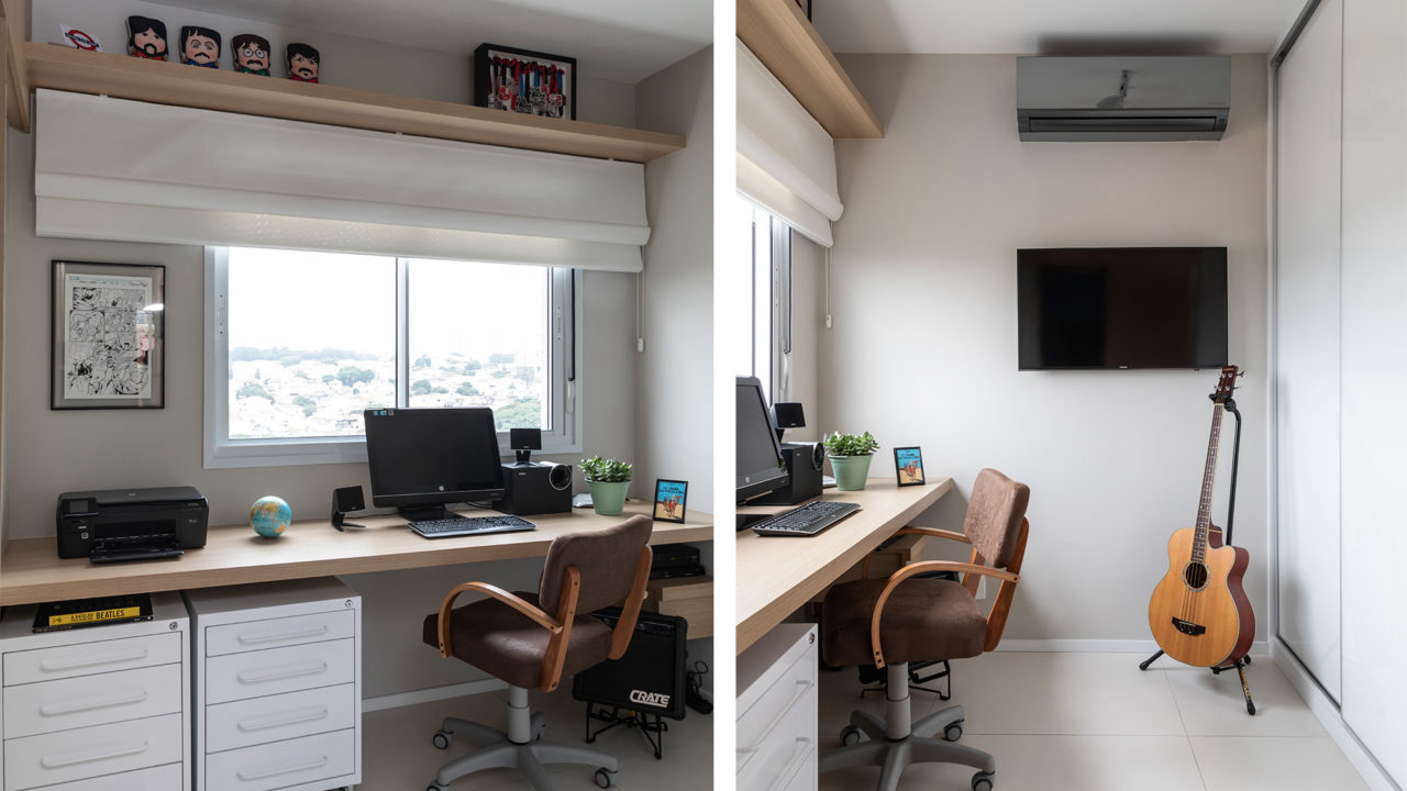 Escritório com bancada, cadeira ergonômica, móveis soltos e iluminação natural permite uma boa rotina de trabalho. 