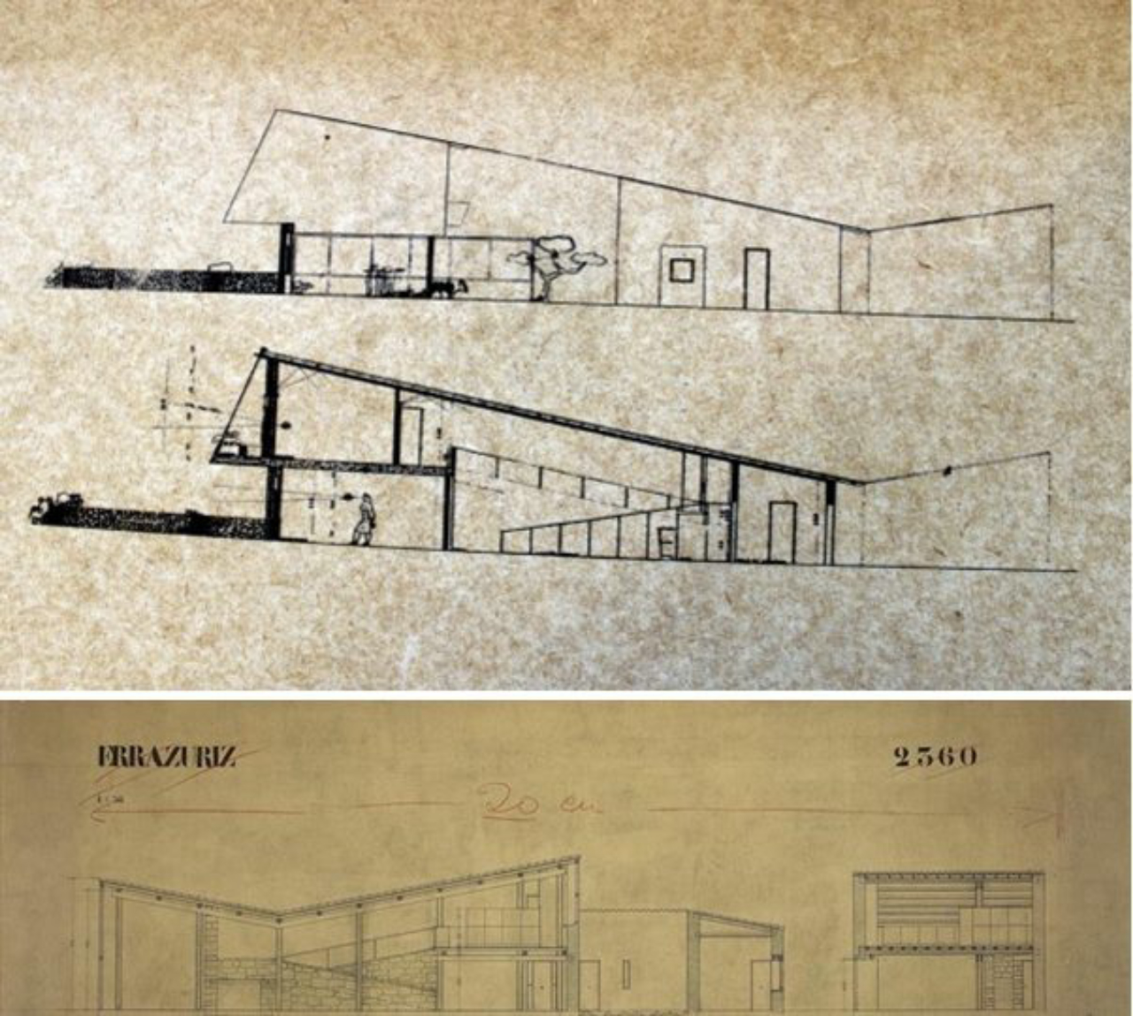 Na primeira foto, fachada e corte da primeira versão para a Casa Juscelino Kubitschek (1940-1943), por Oscar Niemeyer. Na imagem dois: cortes longitudinal e transversal do projeto não-realizado para a Casa Errazuriz no Chile (1930), por Le Corbusier.