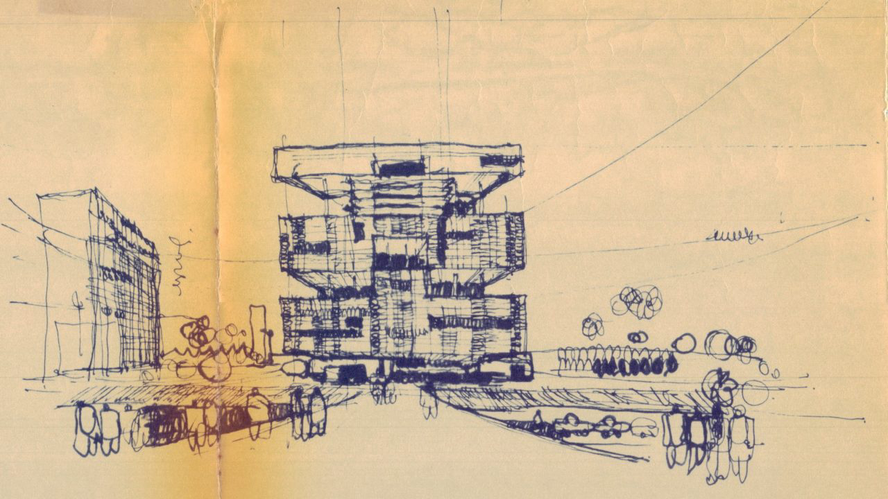 Desenho feito à mão da proposta do edifício para a Petrobras, de 1966.