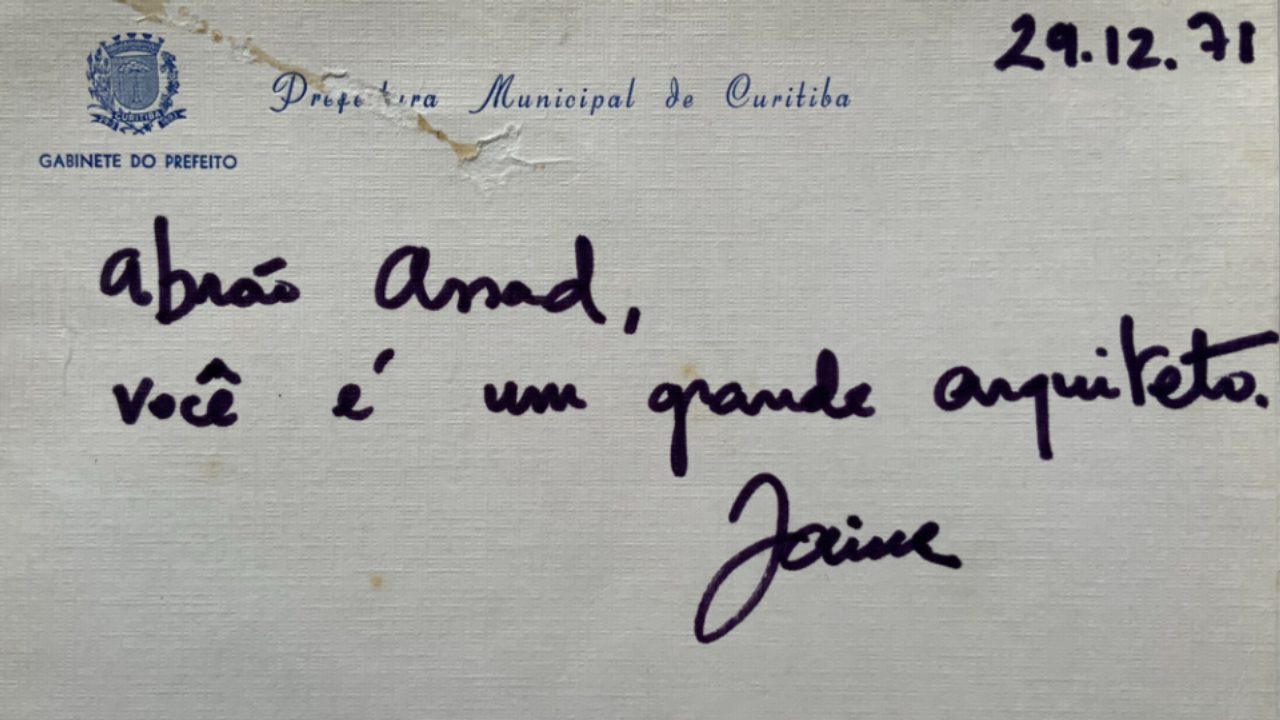 Postal enviado por Jaime Lerner ao amigo arquiteto Abrão Assad, em 1971.