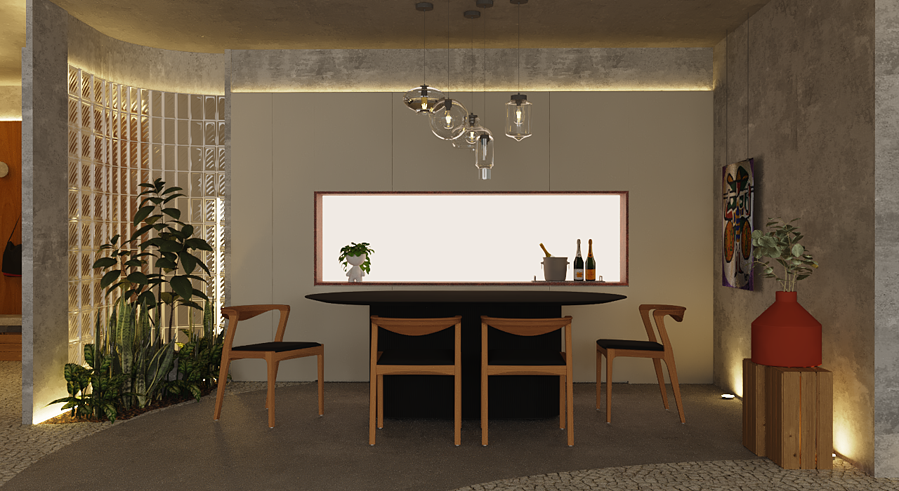  A sala de jantar também foi pensada com as mesmas referências dos outros ambientes, porém, o diferencial é um mobiliário branco. A mesa escolhida foi na cor preta e as cadeiras em madeira. 