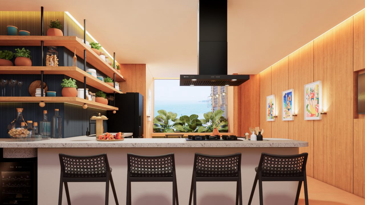 Bancada promove integração entre quem cozinha e demais usuários do espaço, além de possibilitar vista para a paisagem da cidade