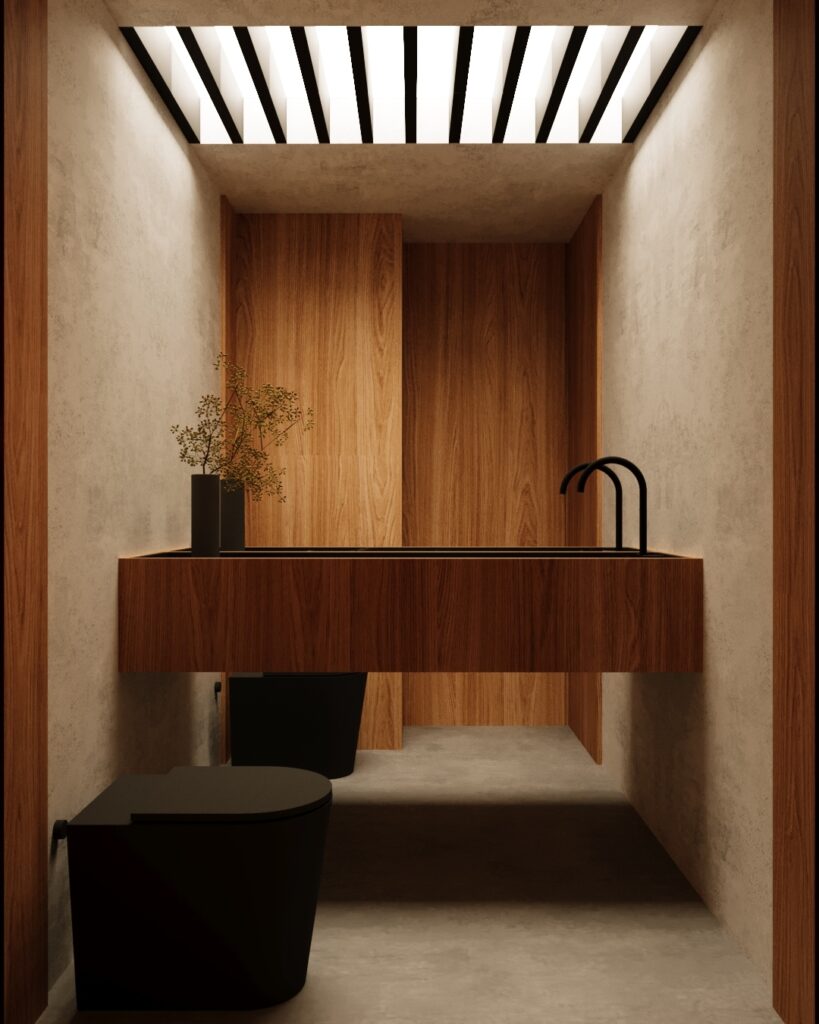 Tela tensionada e espelho garantem iluminação e amplitude visual ao lavabo | Divulgação