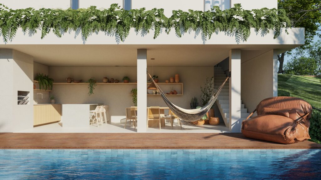 Área de lazer conta com espaço gourmet, piscina e deck com acesso ao jardim | Divulgação/Estúdio Baianá/Archa
