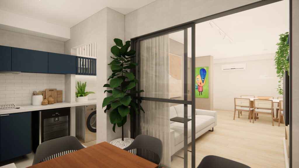 Marcenaria em linhas retas e piso vinílico garantem unidade ao projeto do apartamento | Acoá/Archa/Divulgação 