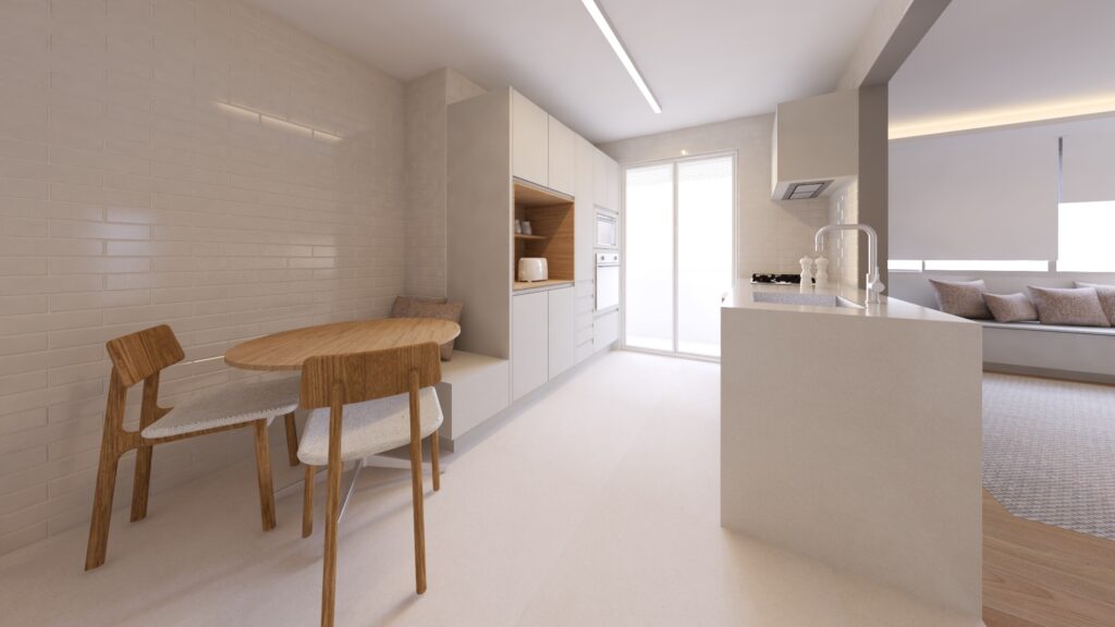 Cozinha é integrada ao estar e conta com mesa para refeições cotidianas | Sala 12 Arquitetura/Archa/Divulgação