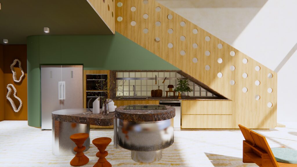 Cozinha aproveita área sob a escada e tem ilha em inox e pedra natural como destaque | Bruna Soranz/Circuito Archa PRO/Divulgação