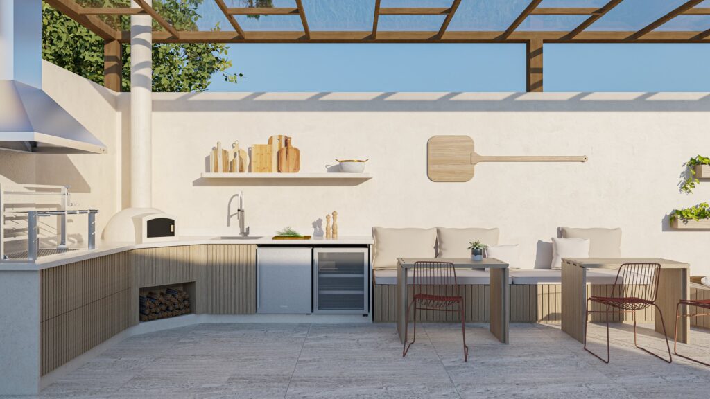Mesas articuladas são destaque e permitem flexibilidade de uso da área gourmet | J'Oli Studio/Archa/Divulgação
