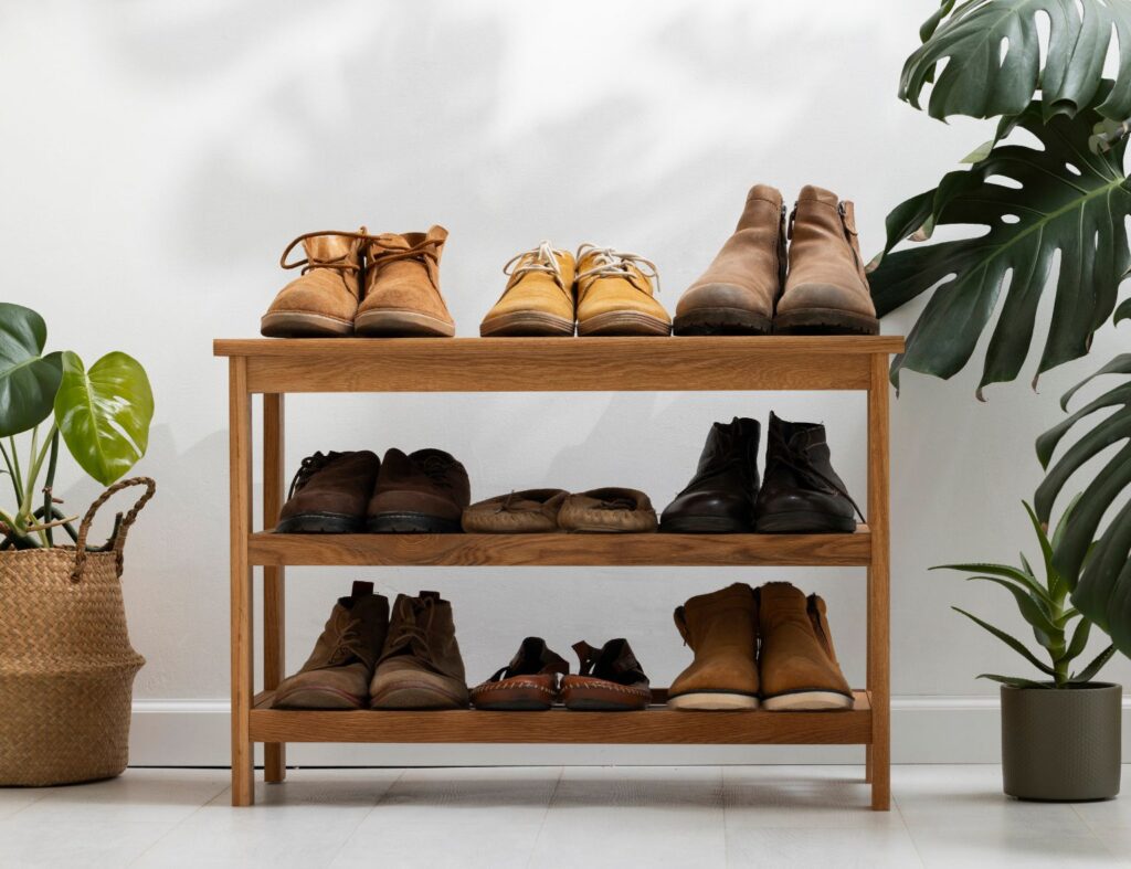 Sapateira horizontal de madeira: Design prático e funcional para acomodar seus sapatos com elegância. Fonte: Freepik<br>