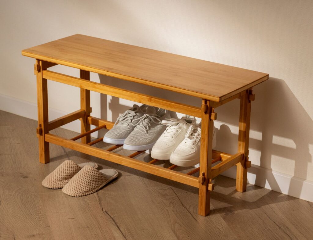 Organize com estilo! Sapateira horizontal em bambu, ideal para otimizar espaços e dar um toque natural ao ambiente. Fonte: Freepik<br>