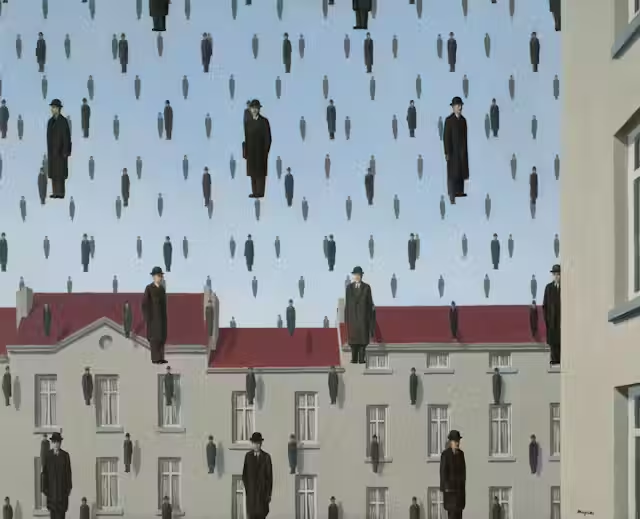René Magritte - Golconda 1953, Coleção Menil | Fonte: The Conversation