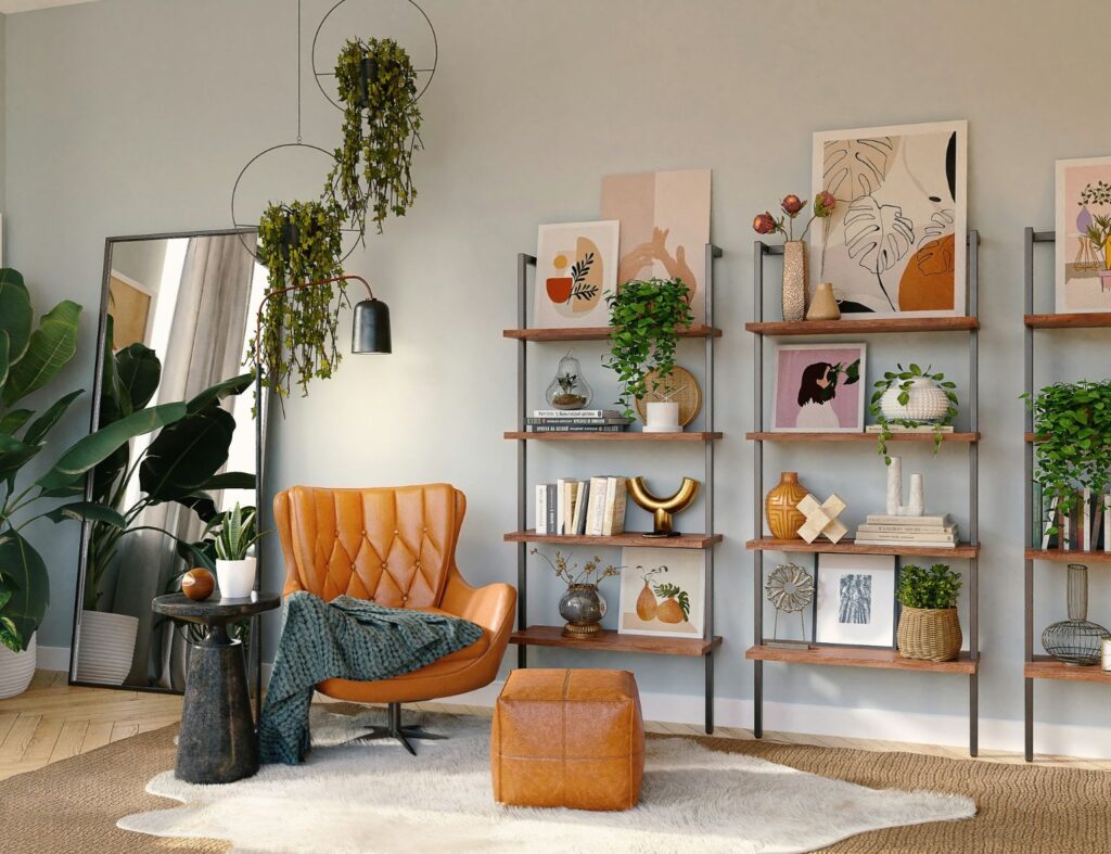 Decoração boho com espelhos e plantas: equilíbrio natural e beleza. Fonte: Unsplash