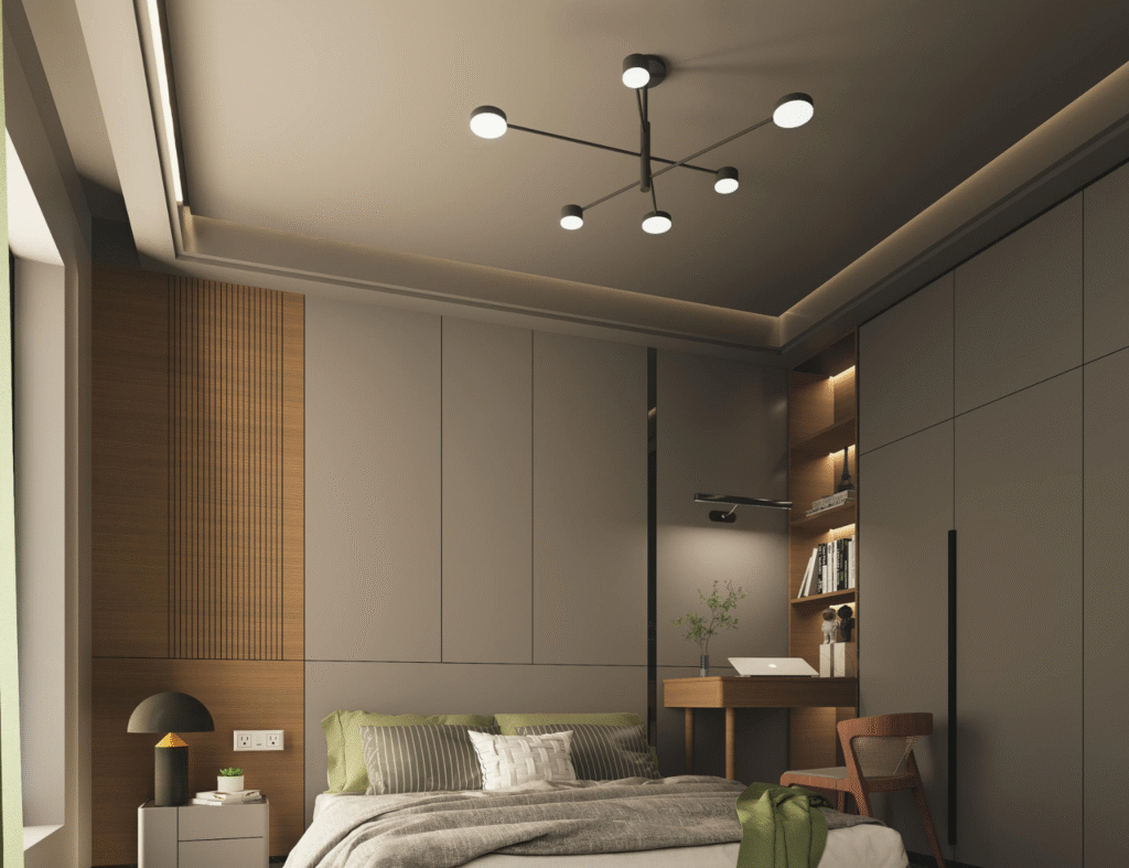 Em quartos, evite luz direta na cama com spots angulados no trilho. Fonte: Pexels