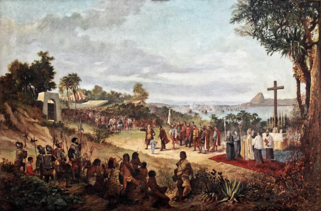 Fundação da cidade do Rio de Janeiro - Tela de Antônio Firmino Monteiro, 1881. Imagem: Reddit<br>