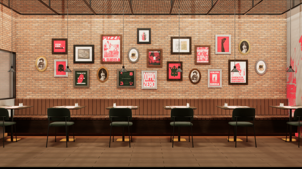 Parede interna da pizzaria Raffa &amp; Gio, com uma galeria de quadros que remetem à estética italiana e proporcionam aconchego | Projeto: Pedro Dias Arquitetura.
