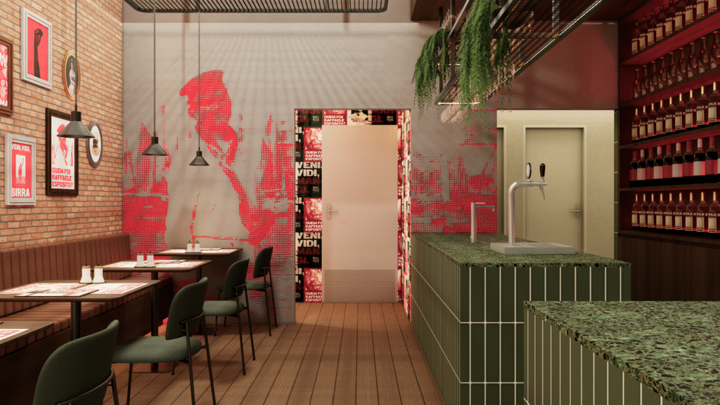 Visão do corredor da pizzaria Raffa &amp; Gio | Projeto: Pedro Dias Arquitetura.