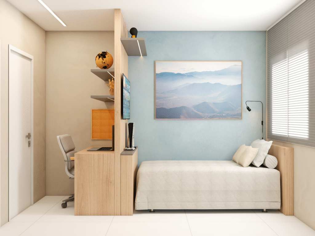 O quarto do filho foi pensado para ser um espaço leve e com aproveitamento máximo de armários. Projeto: Pêgri Arquitetura.