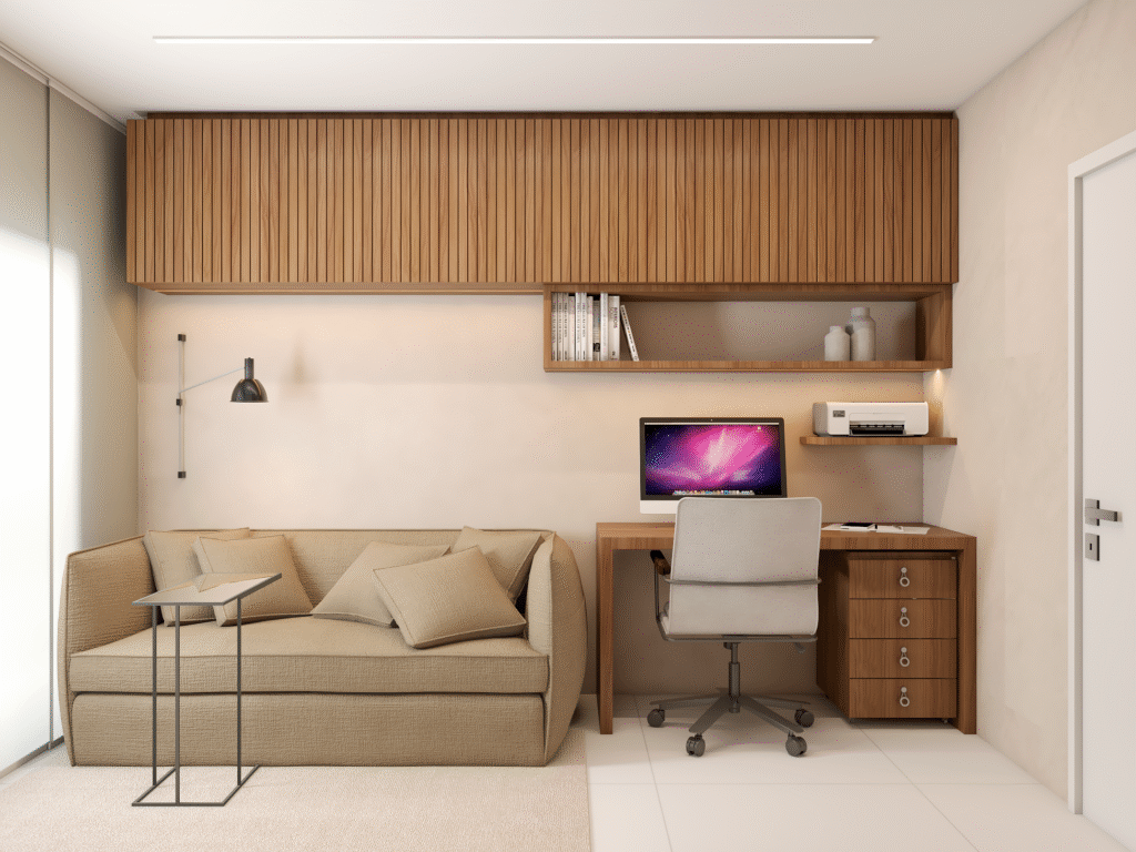 O escritório foi projetado para ser funcional e versátil, com espaço para trabalho e descanso. Projeto: Pêgri Arquitetura.