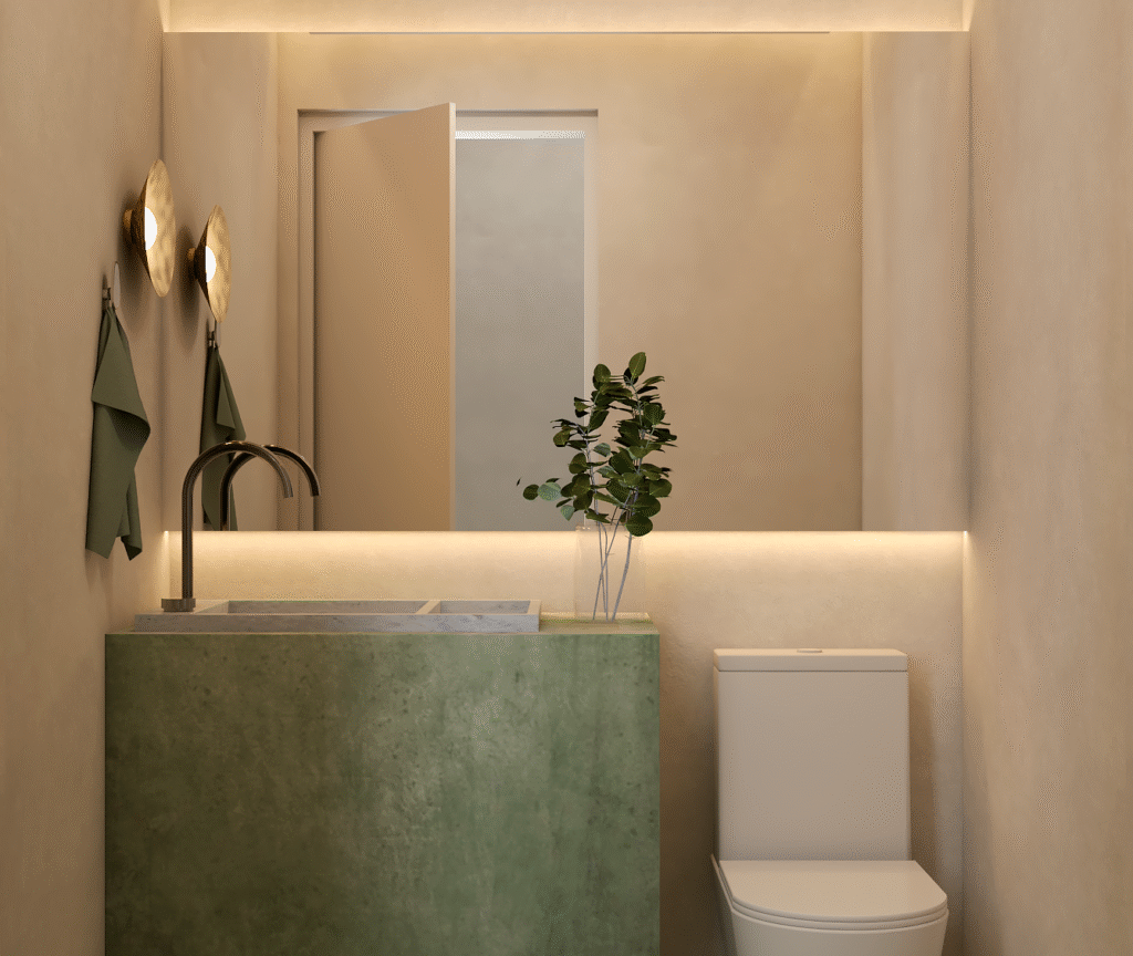 A sofisticação do lavabo com a cuba verde e as paredes texturizadas em tom nude. Projeto: Pêgri Arquitetura.