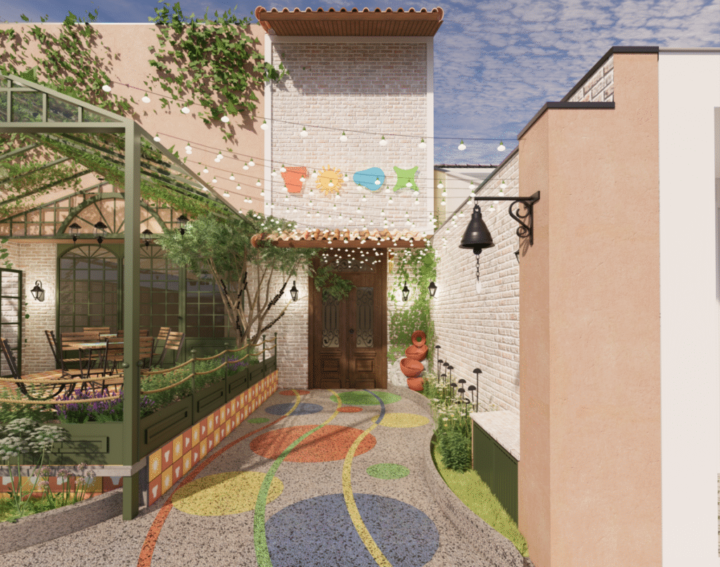 O caminho de ladrilhos hidráulicos coloridos e o sino na entrada são parte da experiência sensorial do projeto de fachada para o Buffet Terralegria. Projeto: Mariana Silagye Arquitetura.
