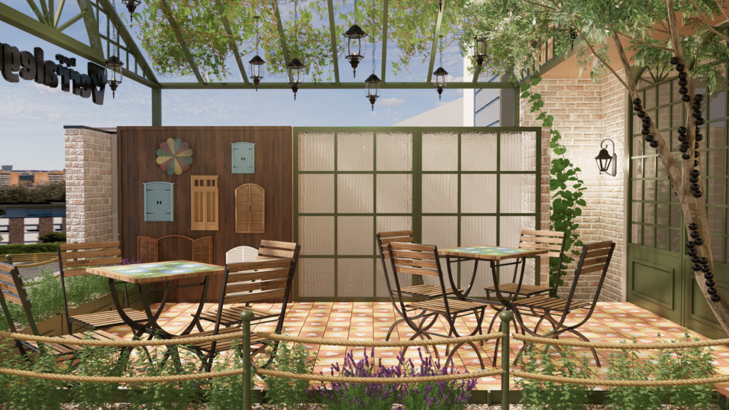 Detalhes do painel lúdico, da horta e da jabuticabeira, elementos que trazem o tato e o olfato para a experiência do Projeto de fachada para o Buffet Terralegria. Projeto: Mariana Silagye Arquitetura.