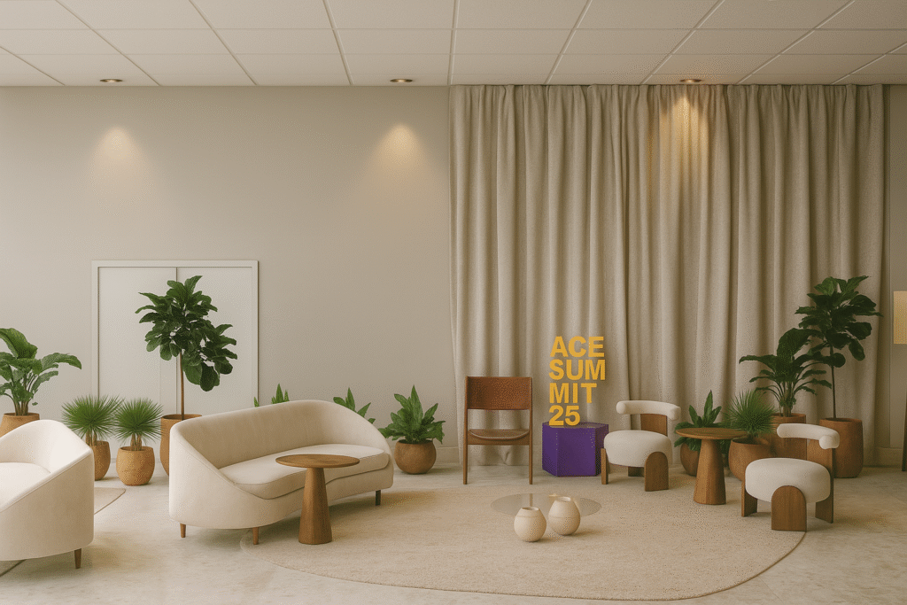 Móveis confortáveis e um design elegante para a Sala Vip. Projeto: Estúdio Thabatta Zuba.