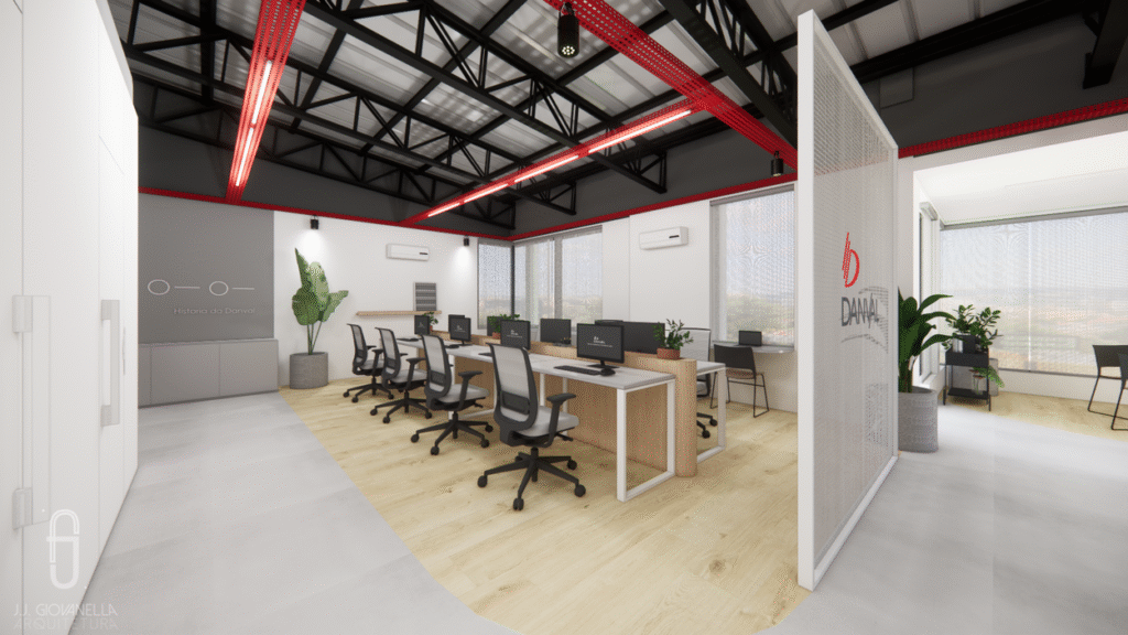 As estações de trabalho foram pensadas para garantir o conforto ergonômico e a produtividade. Projeto: JJ Giovanella Arquitetura + Pietra Di Nizo Arquitetura.