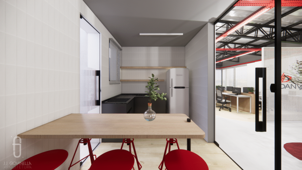 A área da Copa foi planejada como um espaço social, equipada para refeições e pausas rápidas. Projeto: JJ Giovanella Arquitetura + Pietra Di Nizo Arquitetura.