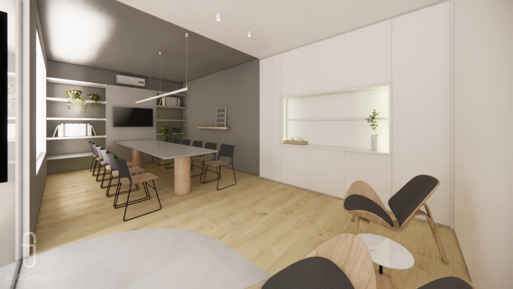 Espaço versátil e equipado com tecnologia para reuniões e apresentações. Projeto: JJ Giovanella Arquitetura + Pietra Di Nizo Arquitetura.